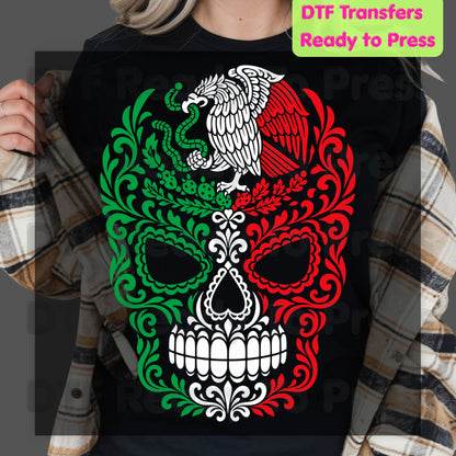 Mexican Flag Sugar Skull DTF Transfers, Eagle Coat of Arms Dia de los Muertos Ready to Press