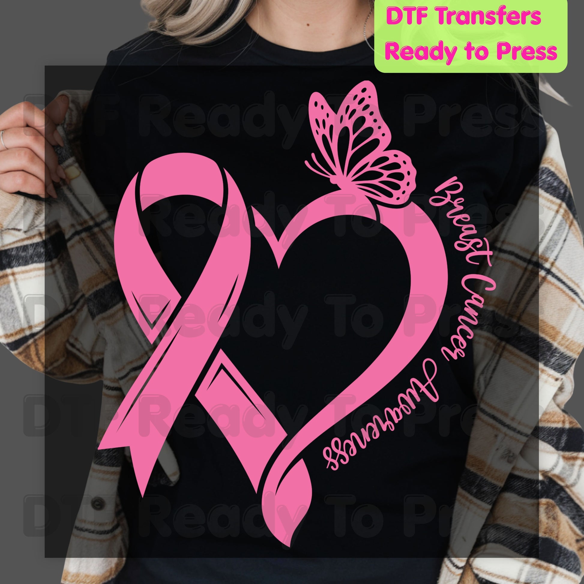 Breast Cancer Awareness Pink Heart Ribbon Butterfly DTF Transfer Ready to Press Heat Transfer Survivor Tee