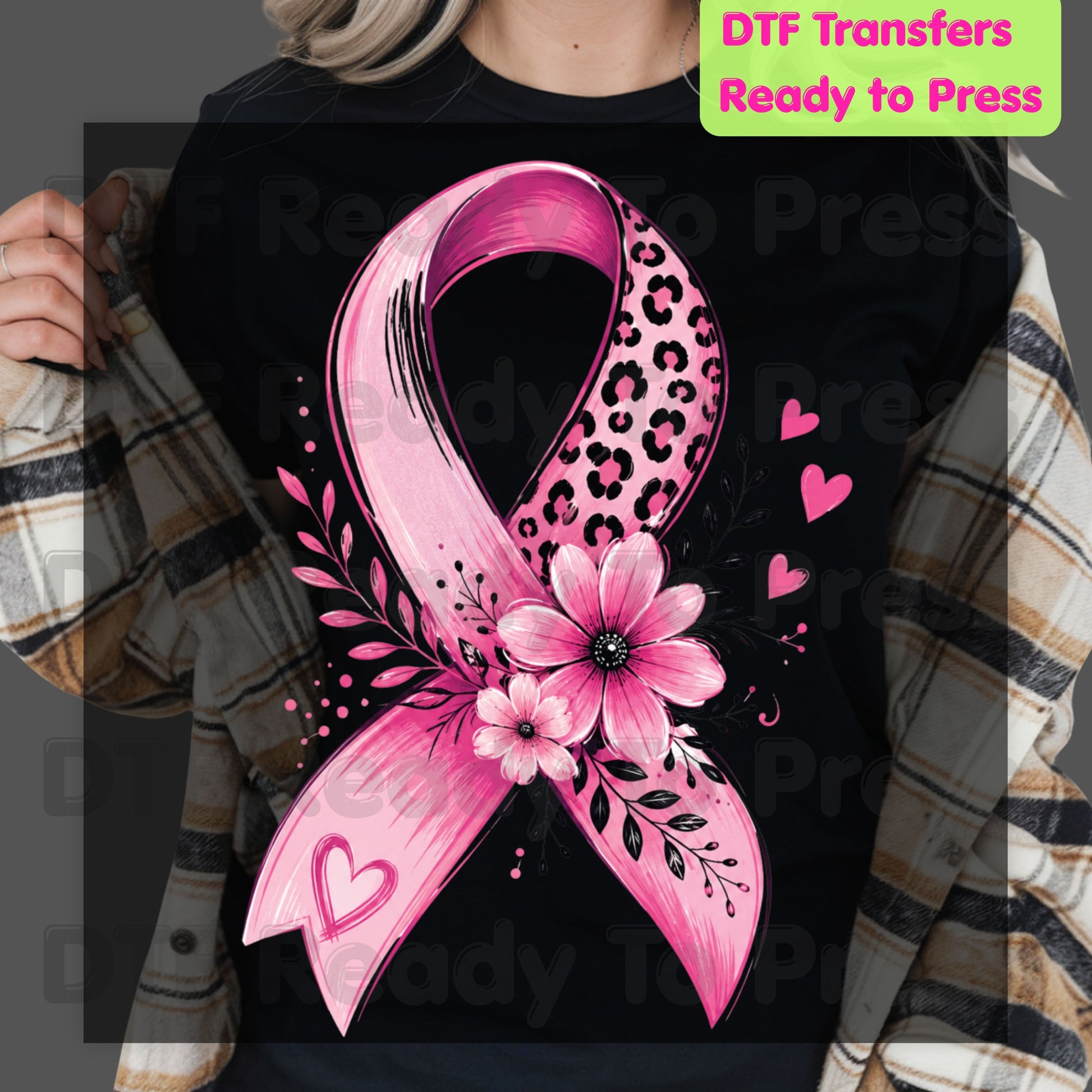 Leopard Floral Pink Ribbon Breast Cancer Awareness DTF Transfer Ready to Press Heat Transfer Tee