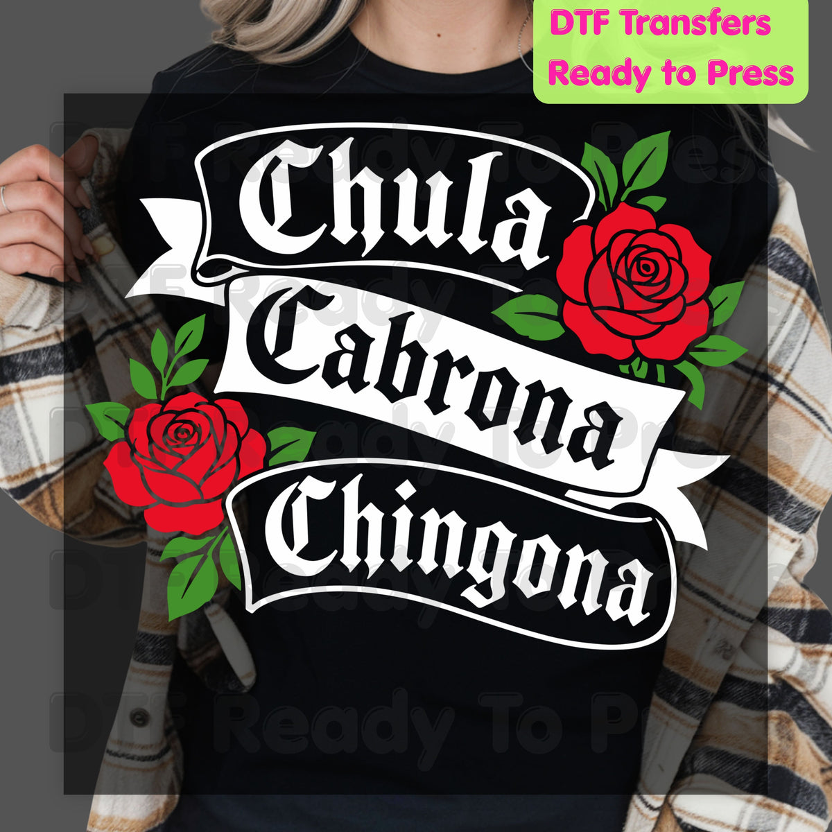 Chingona Rose DTF Transfers, Latina Power Red Rose Chicana Old English Font Ready to Press