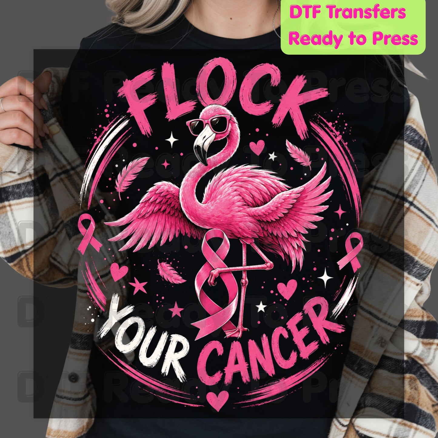 Flock Your Cancer Pink Flamingo Breast Cancer Awareness DTF Transfer Ready to Press Heat Transfer Tee