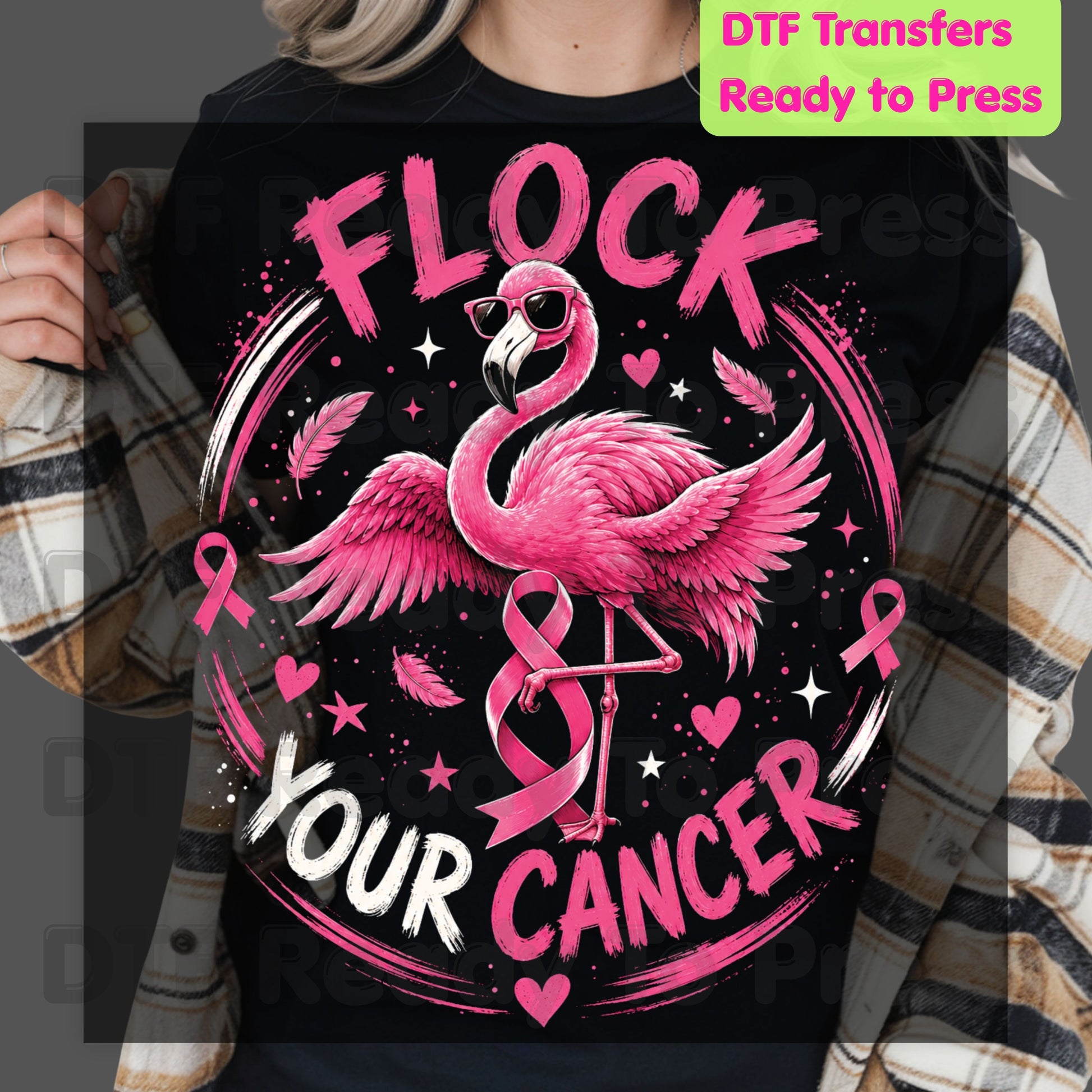 Flock Your Cancer Pink Flamingo Breast Cancer Awareness DTF Transfer Ready to Press Heat Transfer Tee