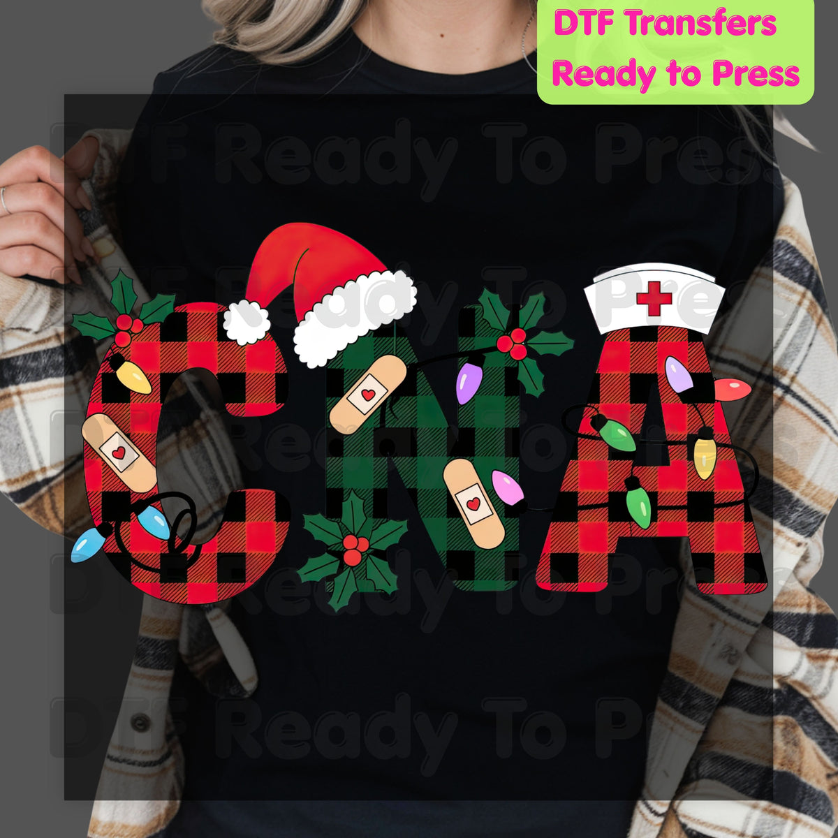 Christmas CNA Buffalo Plaid DTF Transfers, Medical Nursing Lights Bandage Holiday Ready to Press