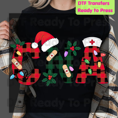 Christmas CNA Buffalo Plaid DTF Transfers, Medical Nursing Lights Bandage Holiday Ready to Press