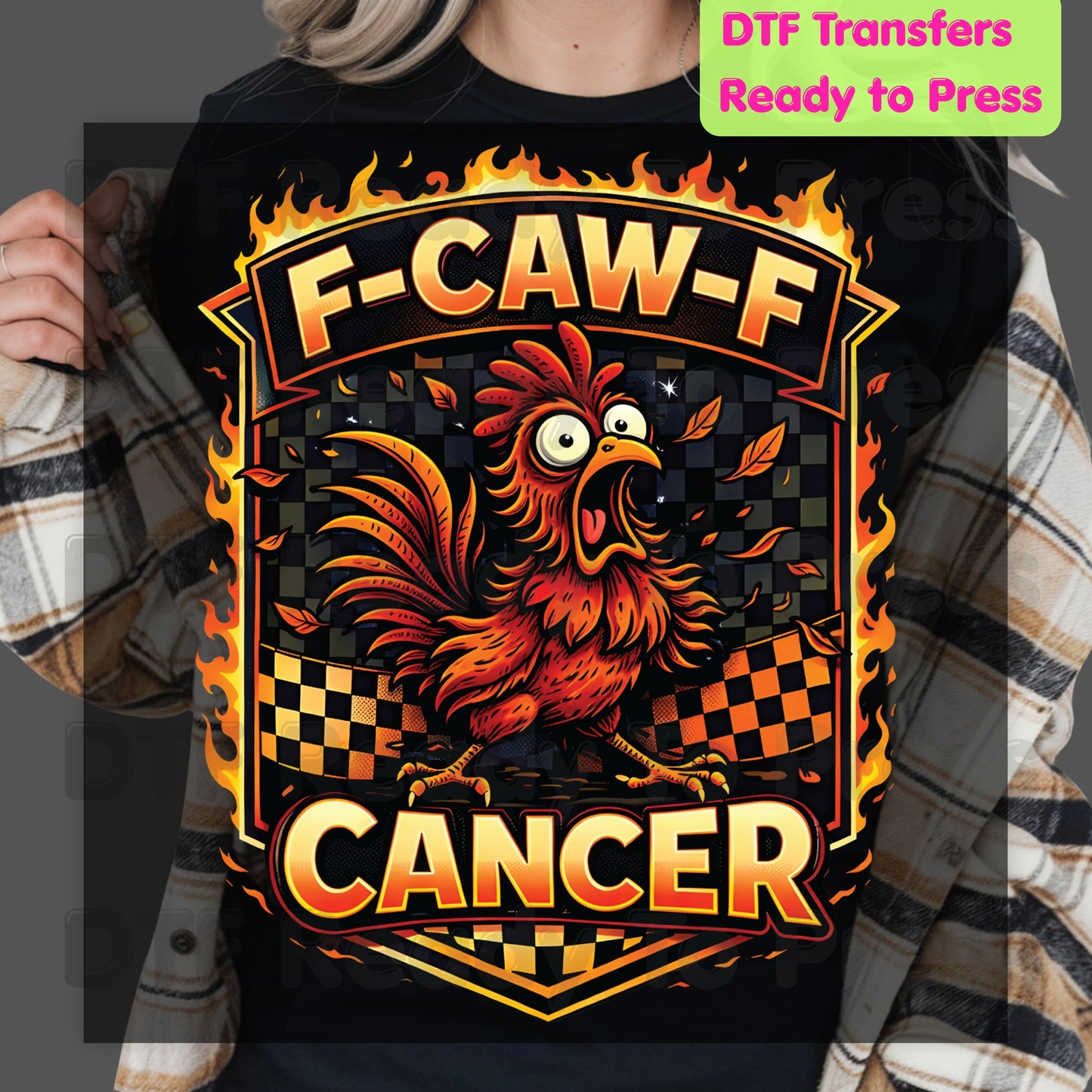 Funny Rooster DTF Transfer Ready to Press F Caw F Cancer Flaming Checkered Flag Heat Transfer Tee Print Direct to Film Transfer