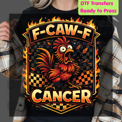 Funny Rooster DTF Transfer Ready to Press F Caw F Cancer Flaming Checkered Flag Heat Transfer Tee Print Direct to Film Transfer