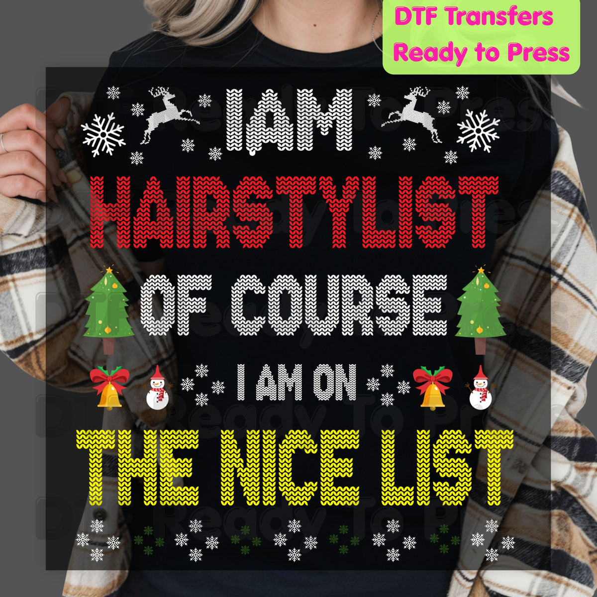 Christmas Hairstylist DTF Transfers, On the Nice List Salon Tree Sweater Holiday Ready to Press