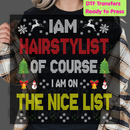 Christmas Hairstylist DTF Transfers, On the Nice List Salon Tree Sweater Holiday Ready to Press