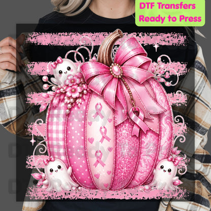 Pink Pumpkin Breast Cancer Awareness DTF Transfer Ready to Press Heat Transfer Spooky Ghost Bow Tee