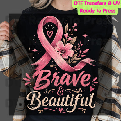 Brave and Beautiful Breast Cancer Awareness DTF Transfer Ready to Press Heat Transfer Pink Floral Ribbon Tee