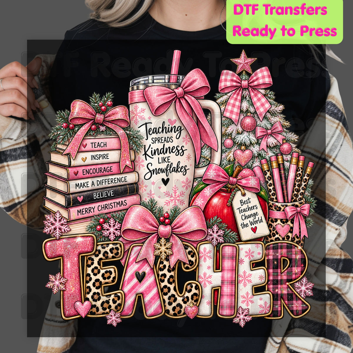 Christmas Pink Teacher Bow DTF Transfers, School Tumbler Leopard Holiday Ready to Press