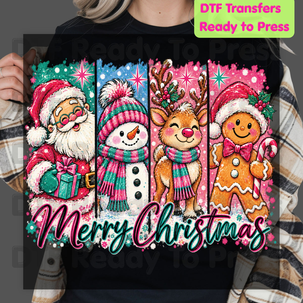 Christmas DTF Transfer, Santa Snowman Reindeer Gingerbread