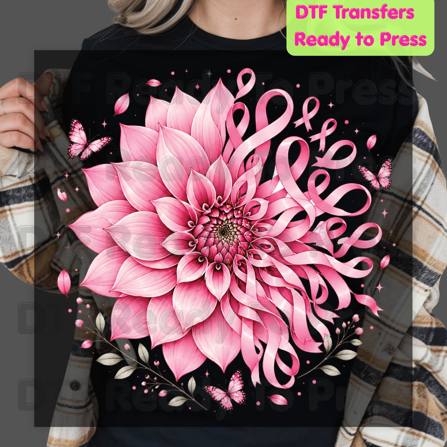 Pink Dahlia Butterfly Ribbon Breast Cancer Awareness DTF Transfer Ready to Press Heat Transfer Tee