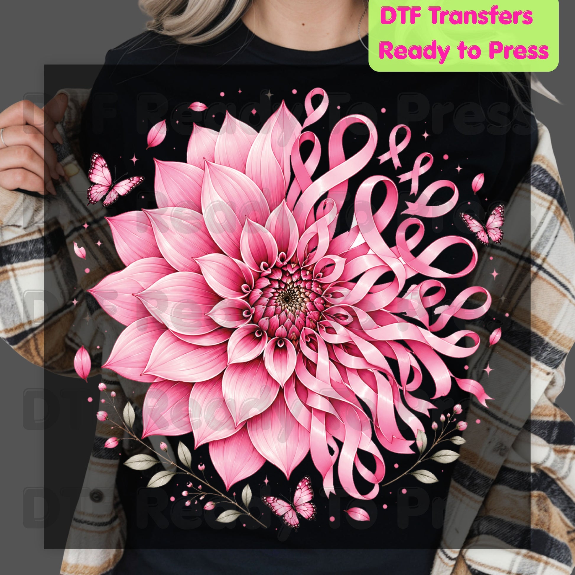 Pink Dahlia Butterfly Ribbon Breast Cancer Awareness DTF Transfer Ready to Press Heat Transfer Tee