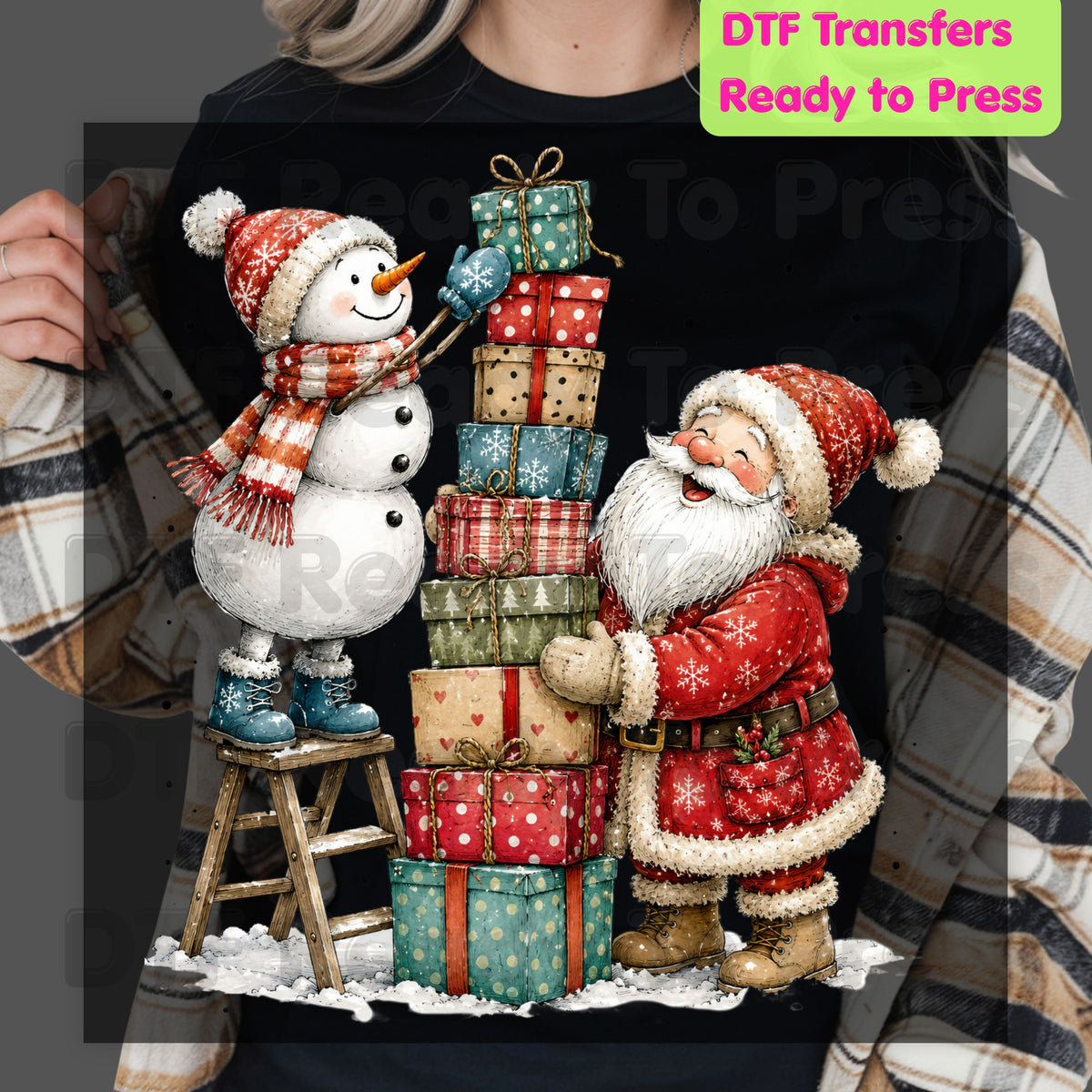 Christmas Santa Snowman DTF Transfers, Stacking Gifts Cute Holiday Ready to Press