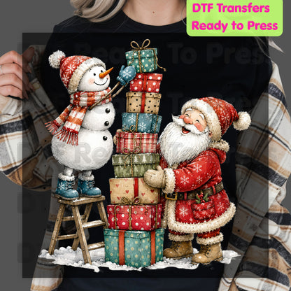 Christmas Santa Snowman DTF Transfers, Stacking Gifts Cute Holiday Ready to Press