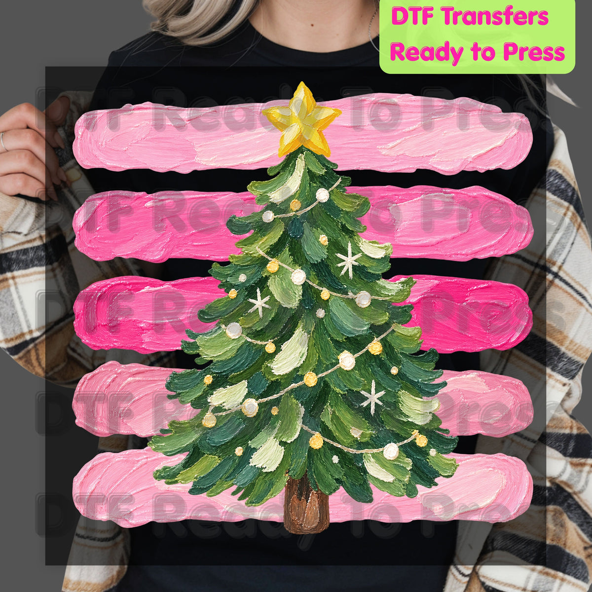 Christmas Tree DTF Transfers, Pink Brush Stripes Background Holiday Ready to Press