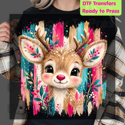 Cute Christmas Reindeer DTF Transfers, Colorful Floral Antlers Pink Teal Gold Holiday Ready to Press.