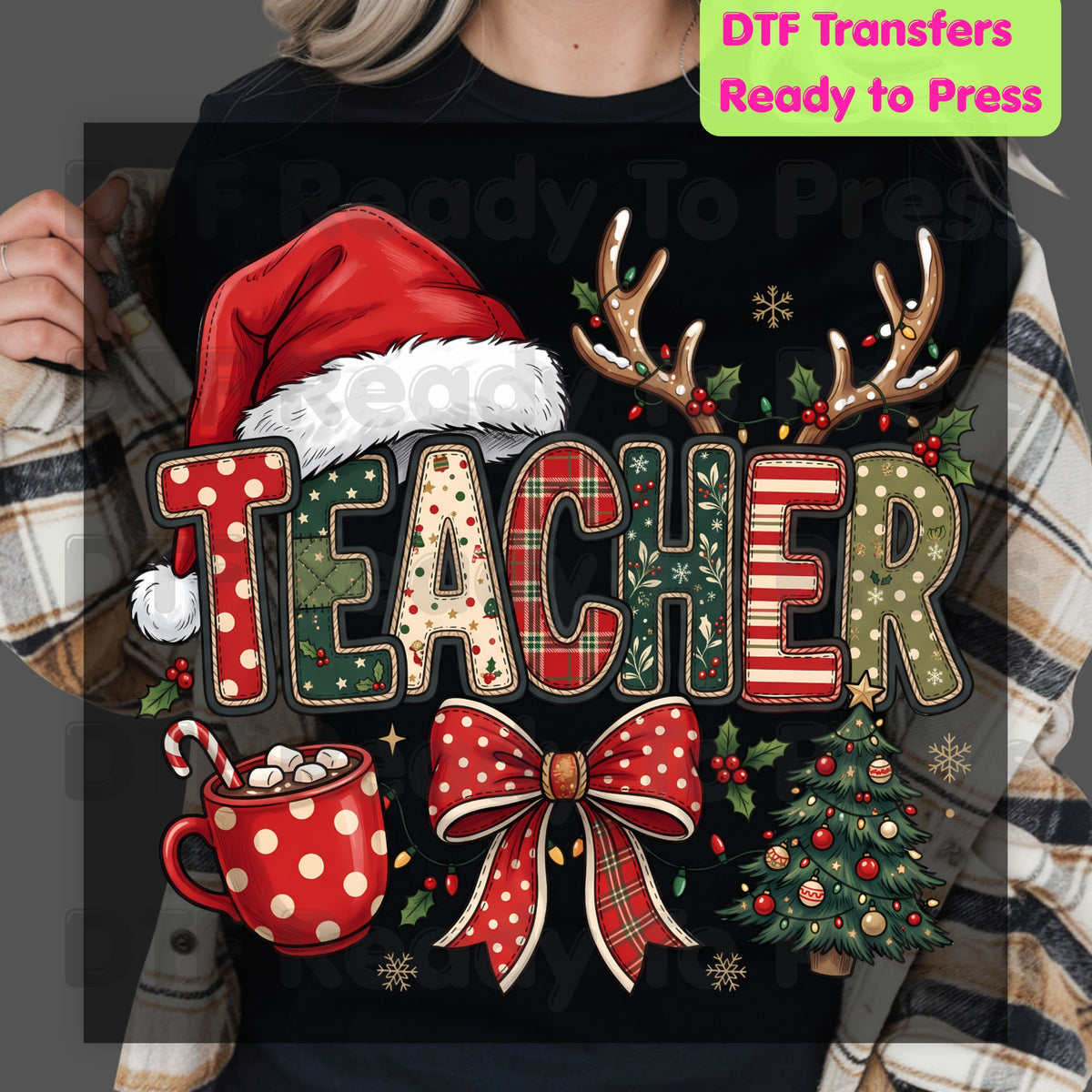 Christmas Teacher Santa Hat DTF Transfers, Holiday School Cocoa Tree Bow Graphic Ready to Press