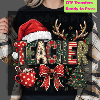 Christmas Teacher Santa Hat DTF Transfers, Holiday School Cocoa Tree Bow Graphic Ready to Press
