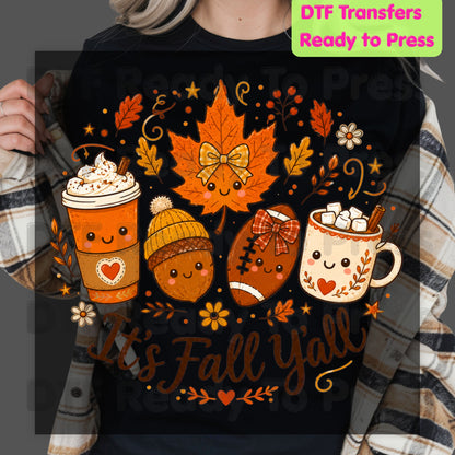 It's Fall Y'all DTF Transfers, Autumn Season Coffee Acorn Football Cute Ready to Press