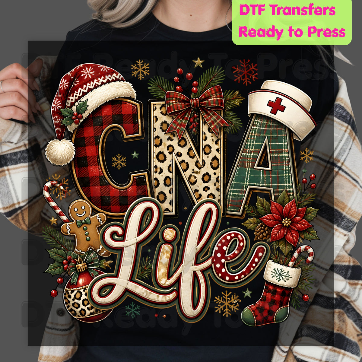 Christmas CNA Life DTF Transfers, Holiday Nurse Hat Plaid Leopard Medical Graphic Ready to Press