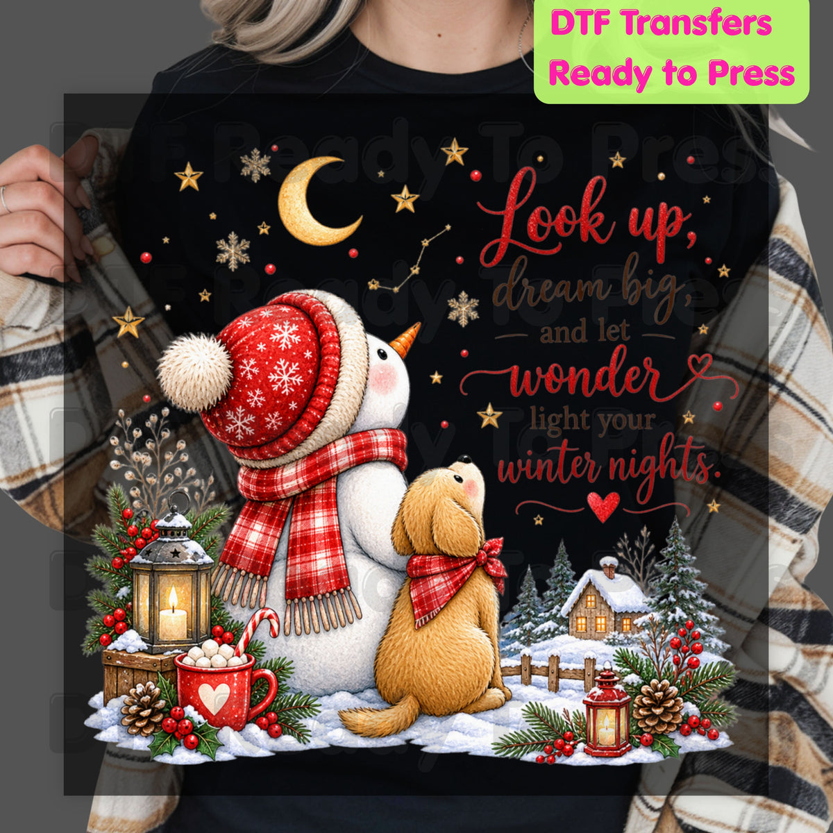 Snowman Dog DTF Transfers, Look Up Dream Big Quote Cute Winter Christmas Ready to Press