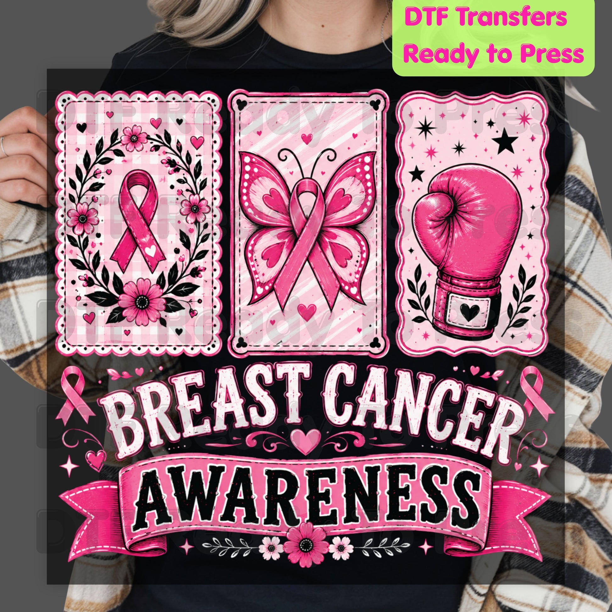 Breast Cancer DTF Transfer Ready to Press Pink Cards Ribbon Butterfly Boxing Glove Heat Transfer Tee Print Direct to Film