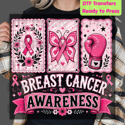 Breast Cancer DTF Transfer Ready to Press Pink Cards Ribbon Butterfly Boxing Glove Heat Transfer Tee Print Direct to Film