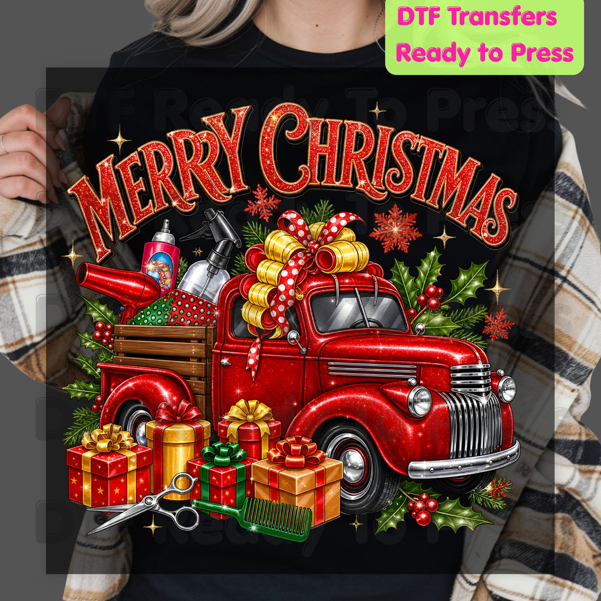 Merry Christmas Red Truck DTF Transfers, Holiday Hair Stylist Salon Presents Graphic Ready to Press
