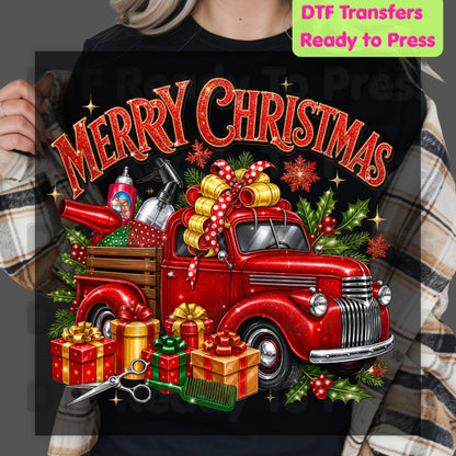 Merry Christmas Red Truck DTF Transfers, Holiday Hair Stylist Salon Presents Graphic Ready to Press