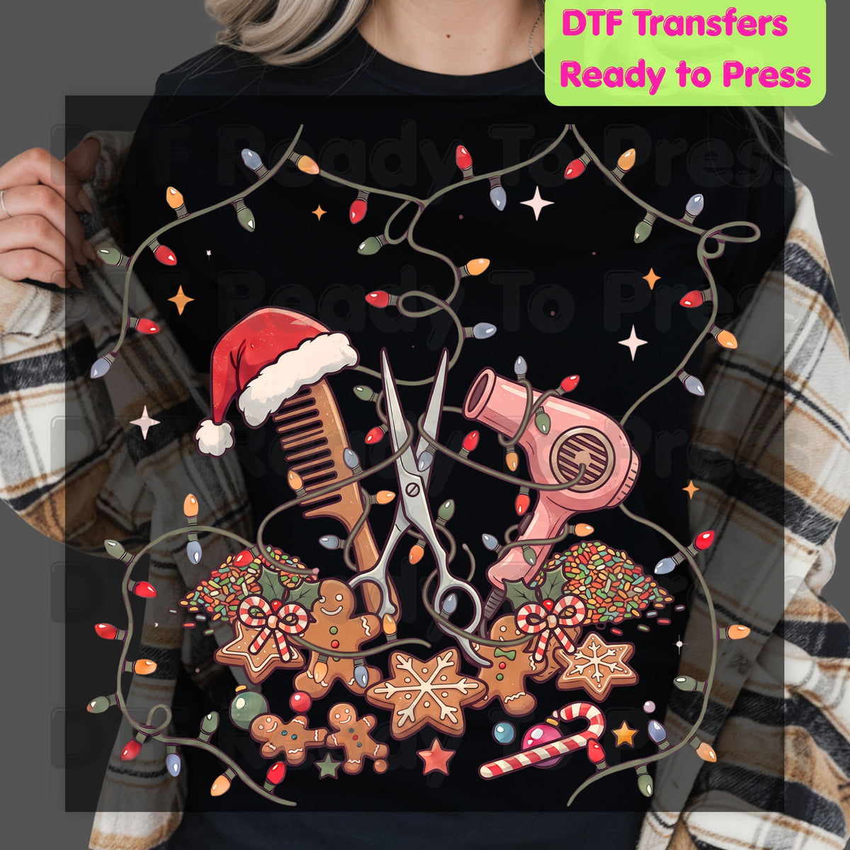 Christmas Hairstylist Gingerbread DTF Transfers, Salon Scissors Dryer Holiday Lights Ready to Press