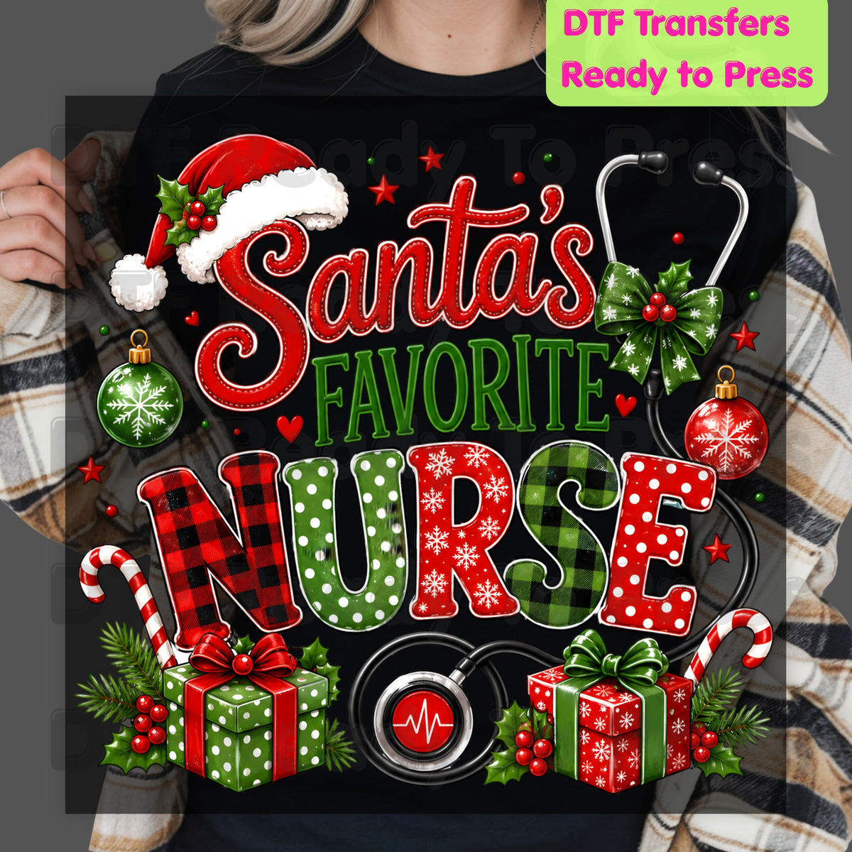 Santa's Favorite Nurse DTF Transfers, Christmas Medical Nursing Stethoscope Holiday Ready to Press