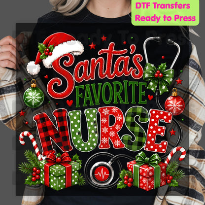 Santa's Favorite Nurse DTF Transfers, Christmas Medical Nursing Stethoscope Holiday Ready to Press