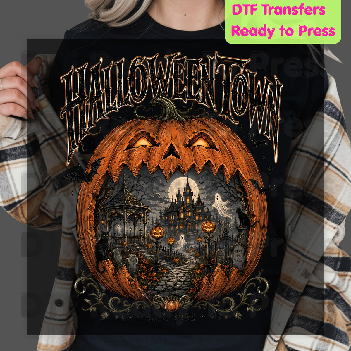 Halloween Town DTF Transfers, Est 1998 Spooky Pumpkin Vintage Haunted House Ready to Press