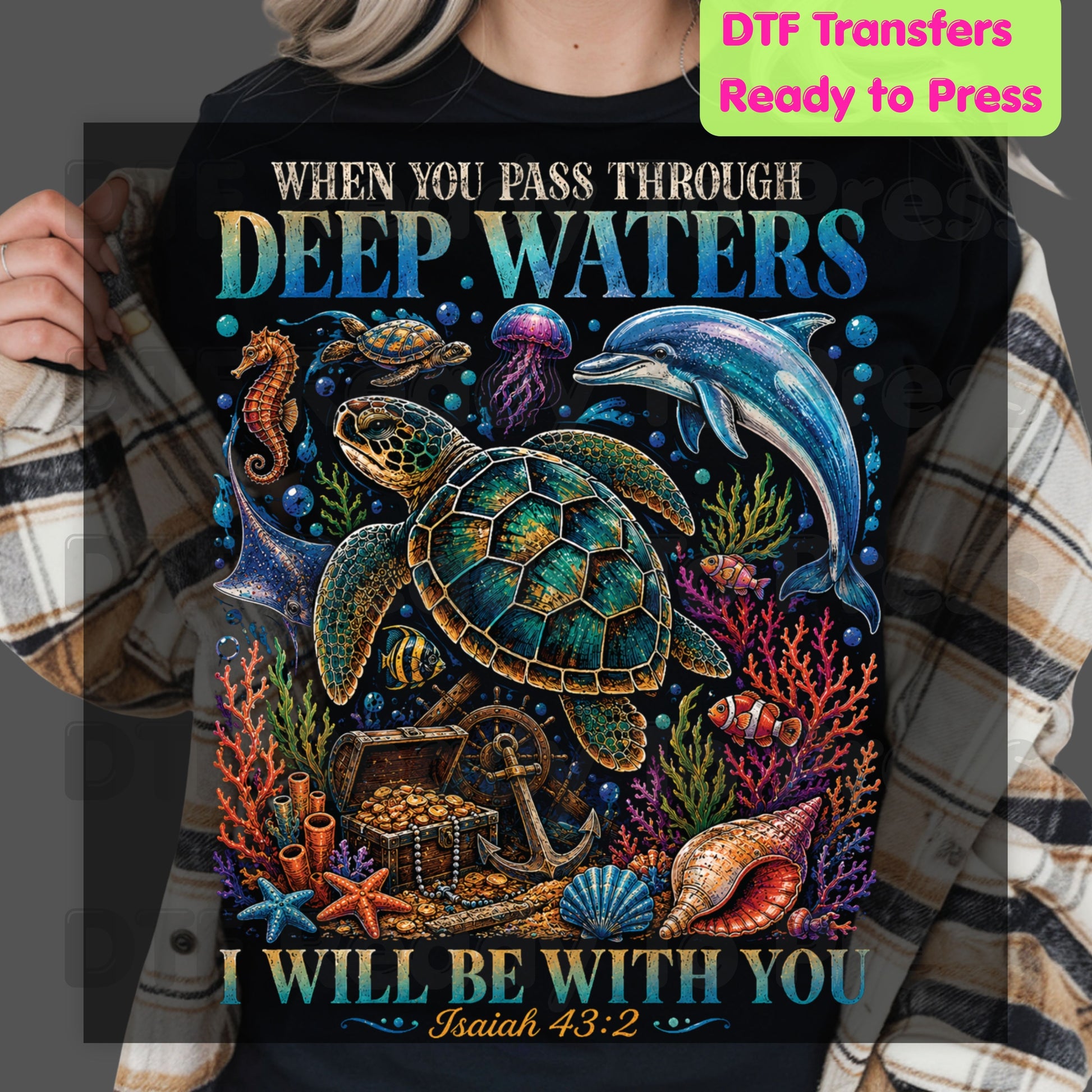 Bible verse Christian Heat Transfer When You Pass Through Deep Waters I Will Be With You DTF Transfer Ready to Press Isaiah 43:2 Ocean Sea Turtle Dolphin Tee