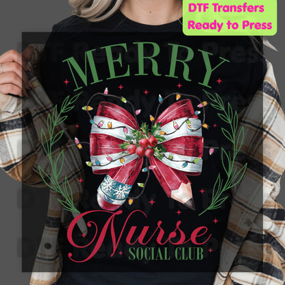 Merry Nurse Social Club DTF Transfers, Christmas Medical Coquette Bow Holiday Lights Nurse Ready to Press