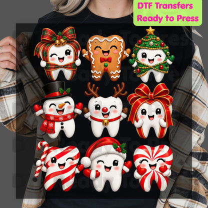 Christmas Dental DTF Transfers, Cute Gingerbread Teeth Dentist Holiday Characters Ready to Press