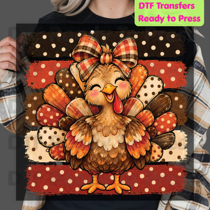 Thanksgiving DTF Transfer, Cute Turkey Bow, Polka Dot Stripes