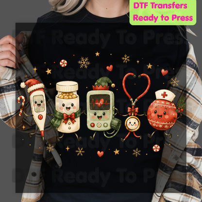 Christmas Cute Nurse Tools DTF Transfers, Medical Stethoscope Ornament Holiday Ready to Press