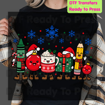Christmas Teacher Squad DTF Transfers, Holiday School Crayon Cocoa Pencil Teacher Ready to Press
