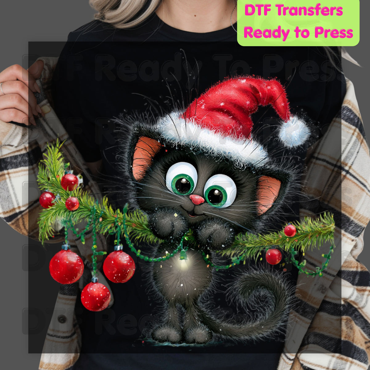 Black Cat Christmas DTF Transfers, Santa Hat Christmas Lights Cute Kitten Holiday Ready to Press