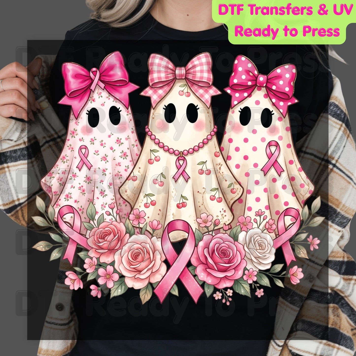 Pink Ghost Boo Crew Breast Cancer Awareness DTF Transfer Ready to Press Heat Transfer Floral Ribbon Tee
