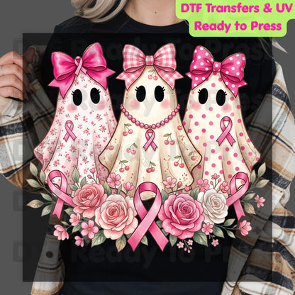 Pink Ghost Boo Crew Breast Cancer Awareness DTF Transfer Ready to Press Heat Transfer Floral Ribbon Tee