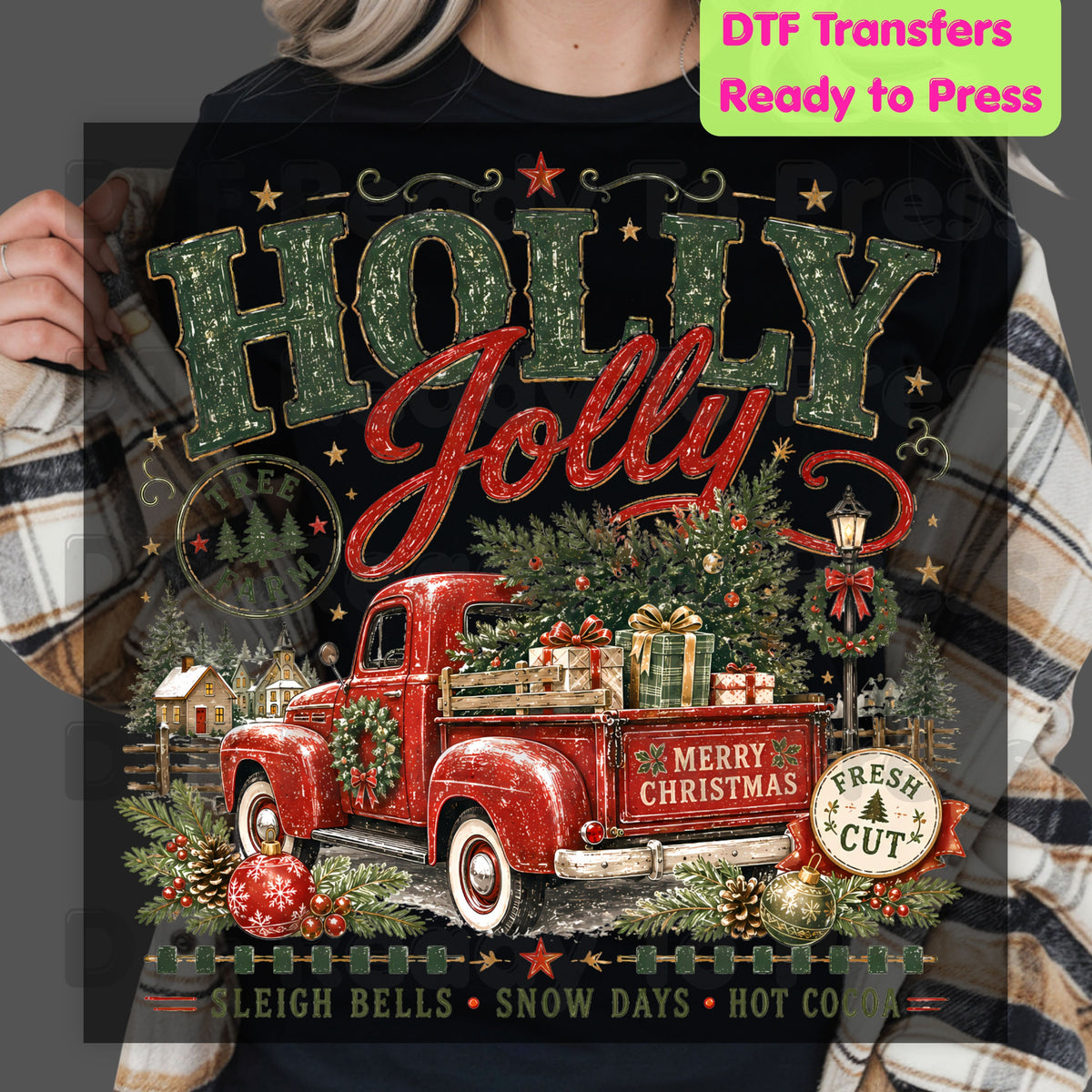 Holly Jolly Christmas DTF Transfers, Red Truck Tree Farm Vintage Holiday Ready to Press