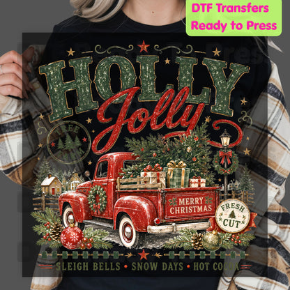 Holly Jolly Christmas DTF Transfers, Red Truck Tree Farm Vintage Holiday Ready to Press