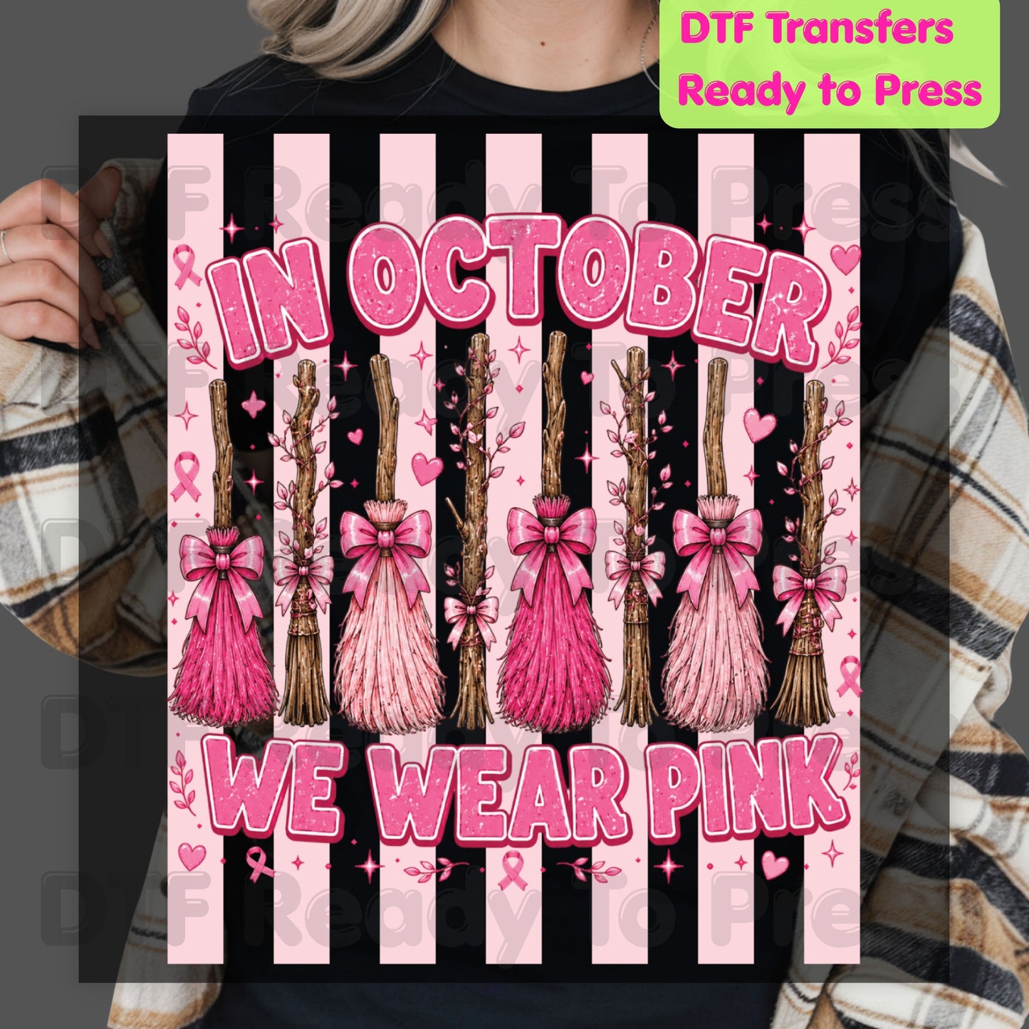 In October We Wear Pink Witch Brooms Breast Cancer Awareness DTF Transfer Ready to Press Heat Transfer Tee