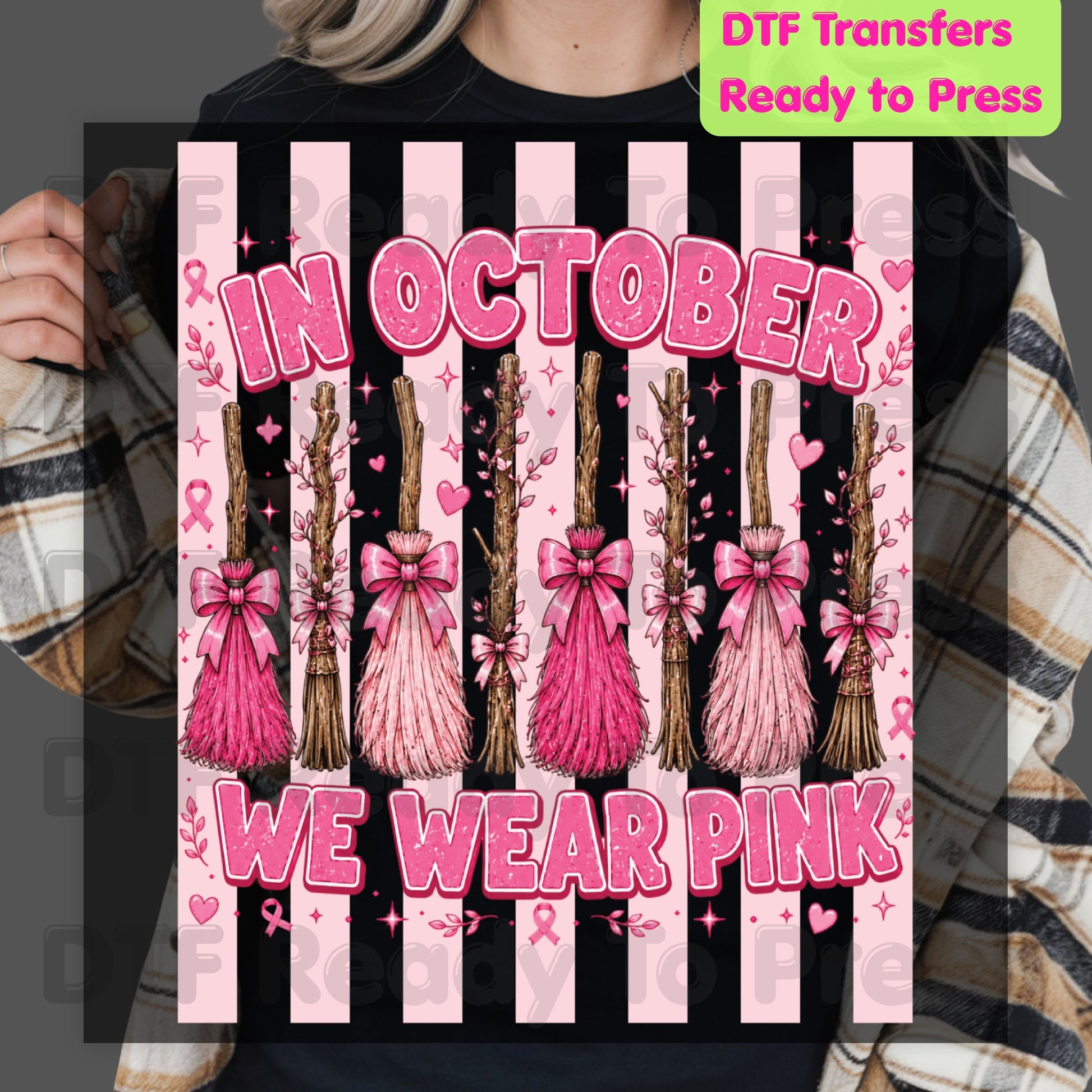 In October We Wear Pink Witch Brooms Breast Cancer Awareness DTF Transfer Ready to Press Heat Transfer Tee