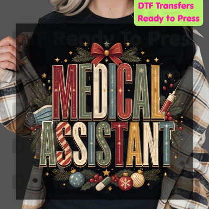 Christmas Medical Assistant DTF Transfers, Holiday Nurse Mask Syringe Bow Medical Ready to Press