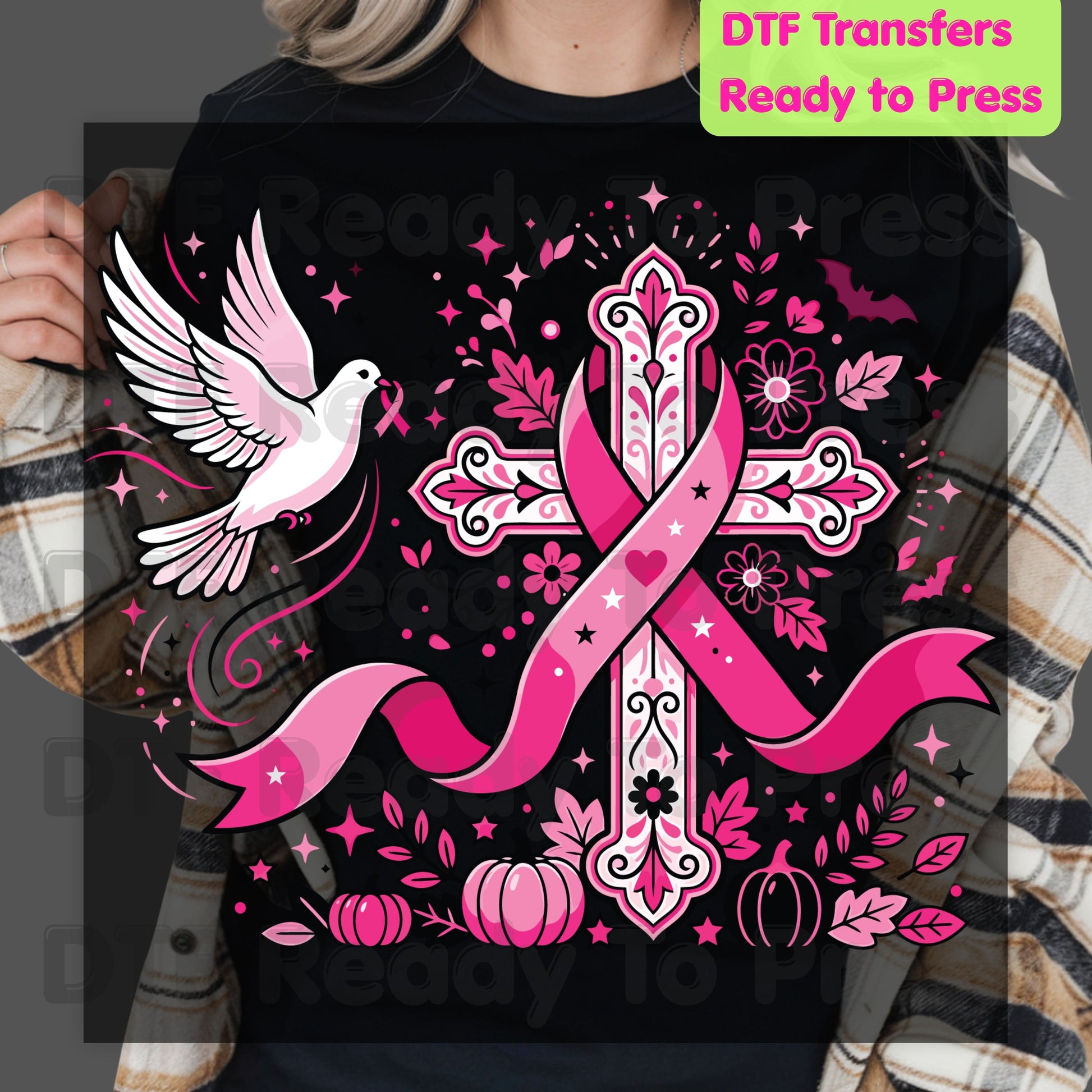 Pink Cross Dove Breast Cancer Awareness DTF Transfer Ready to Press Faith Heat Transfer Tee